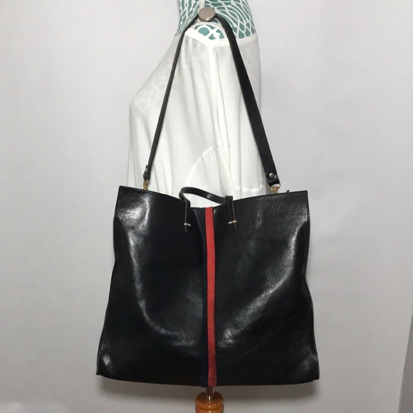 Clare V Handbags - Clare V Vivier Brand Simple Tote Purse Bag Black Leather w/ Suede Stripe Detail